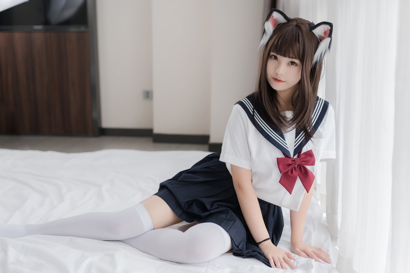 cat ears, in bed, white thigh highs, Mizhimaoqiu, cat girl, model, women indoors, Asian, indoors, looking at viewer, schoolgirl, nekomimi, thigh-highs