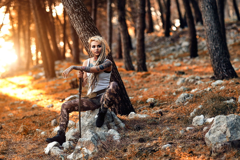 forest, sword, hunter, autumn, tank, human face, nature, plant part, beauty, portrait, s, young adult, woodland, tattoo, women, plant, outdoors, girl, top