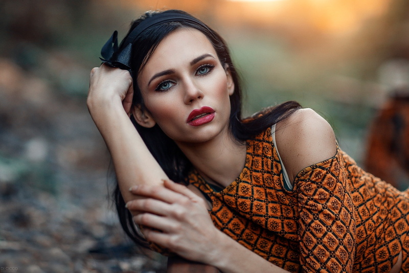 looking at viewer, Alessandro Di Cicco, eyes, black hair, face, 1080P, women, depth of field, long hair