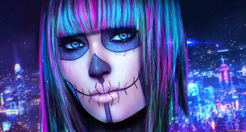Woman, Colorful, Hair, 1080P, Sugar Skull, Makeup, Girl, Day of the Dead, Artistic