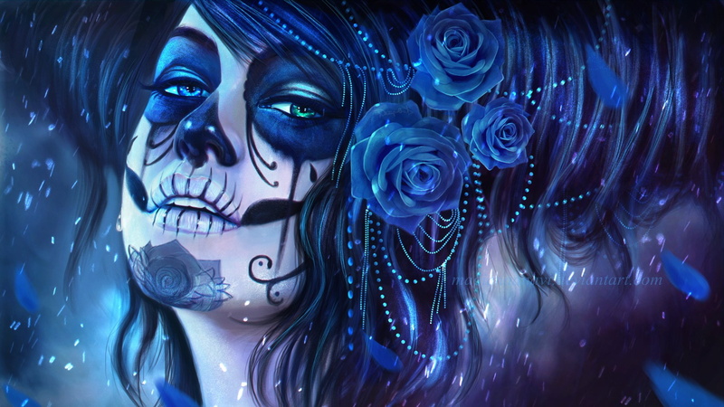 Girl, Blue, Rose, 1080P, Skeleton, Sugar Skull, Woman, Day of the Dead, Makeup, Artistic