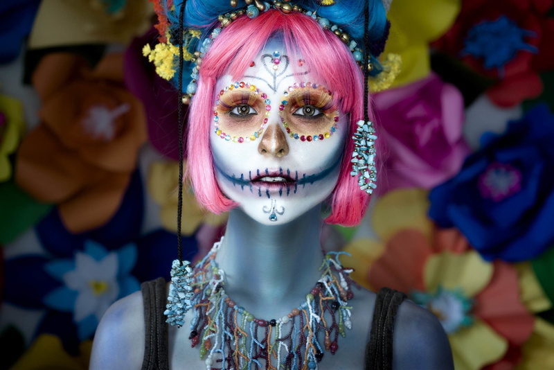 Short Hair, Artistic, Sugar Skull, Day of the Dead, Necklace, Pink Hair, Makeup, Face, Girl, 1080P
