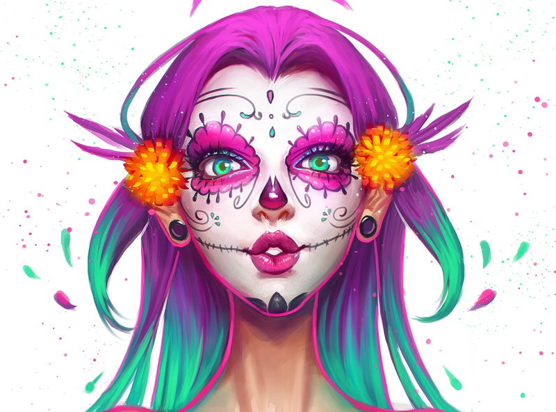young adult, white background, Sugar Skull, headshot, purple, face paint, front view, woman, multi colored, young women, beautiful woman, one person, close-up