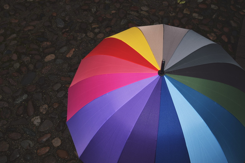 striped, day, 4K, weather, transportation, vivid, colour, rainbows, raining, outdoors, umbrella, colors, colours, pattern, high angle view, water, bright
