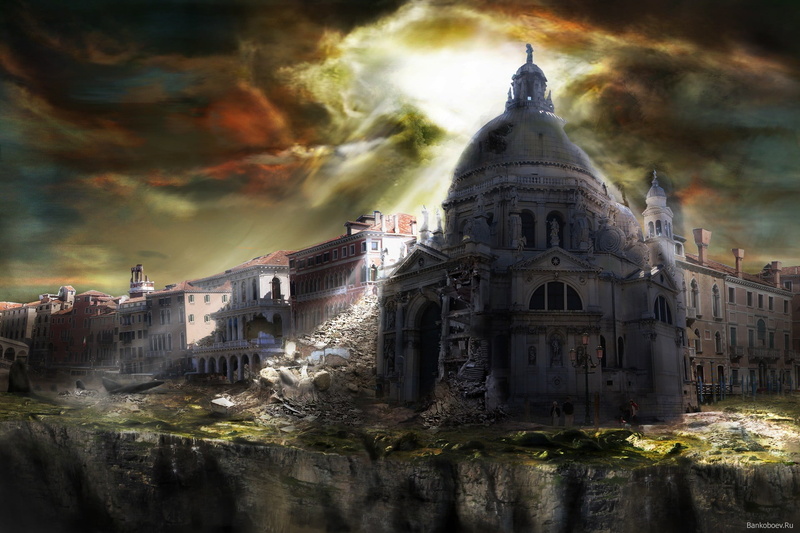 cloud - sky, apocalyptic, near, Venice, artwork, body, spire, building, built structure, water, place of worship, white, city, house, the past, old, building exterior