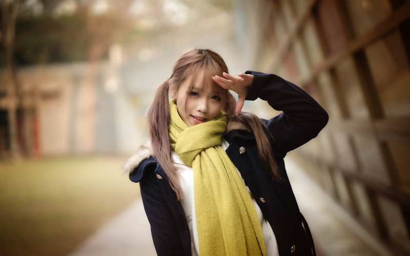 long hair, lifestyles, long nails, women, brunette, urban, front view, Asian, leisure activity, looking at camera, outdoors, scarf, innocence, coats, childhood