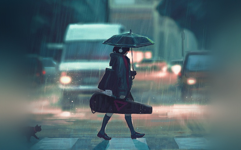bag, outdoors, city life, rainy, holding, anime, adult, protection, monsoon, wet, day, paint, one person, walking, illustration, umbrella, rain, 4K, girl