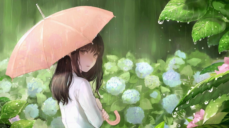 flowers, manga, hydrangea, raining, green, kawaii, 1080P, rain, umbrella, anime art, rainy day, hydrangea macrophylla, rainy, hydrangeas, anime girl