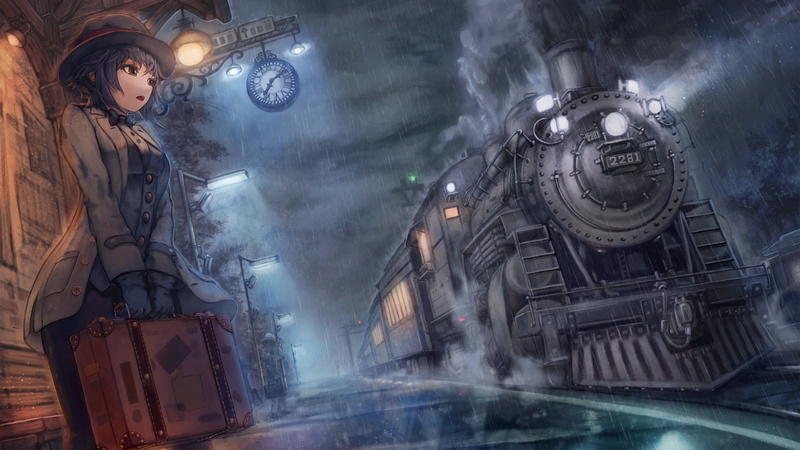 asiatic, train, anime girl, railway station, rainy day, dark, darkness, raining, deredere, anime art, station, rainy, railway, rain, manga, 1080P