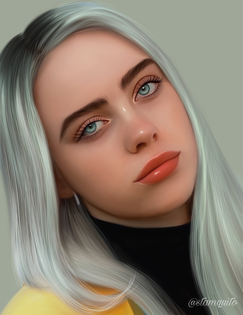 artwork, portrait display, digital painting, portrait, Billie Eilish, drawing, 2K, digital art, fan art, Stam Quito