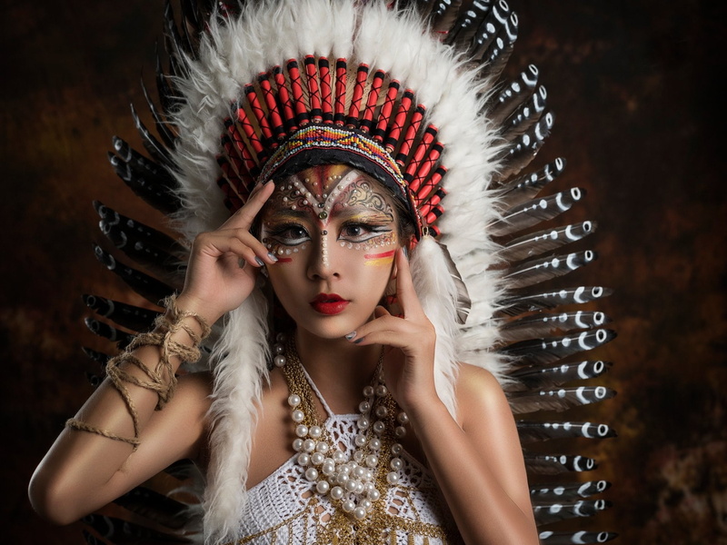 Women, 1080P, Asian, Makeup, Feather, Lipstick, Model, Native American, Girl, Woman