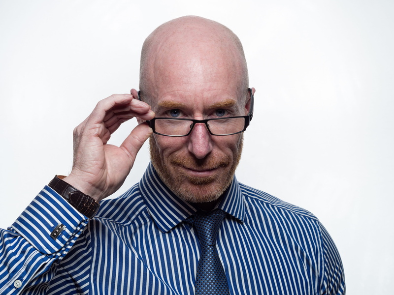 striped, man, looking, completely bald, casual, looking at camera, indoors, job interview, 4K, person, men, glasses, portrait, front view, hand, males