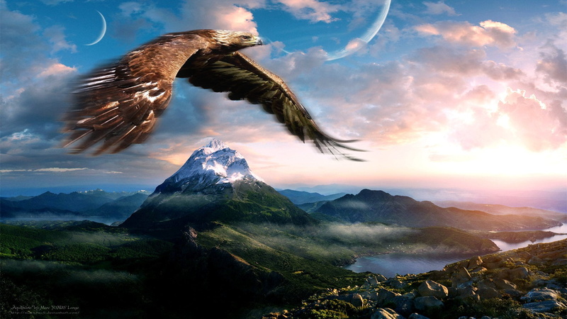 Sunrise, tranquil scene, cloudscape, nature, Landscape, Fantasy, Eagle, no people, beauty in nature, Planet, sunset, mountain peak, land, Mountain, soaring