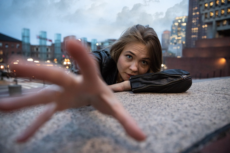 right, city, help, nature, leaning, gray, person, portrait, style, female, woman, leather jacket, sky, building exterior, girl, headshot, anxiety, contemplation