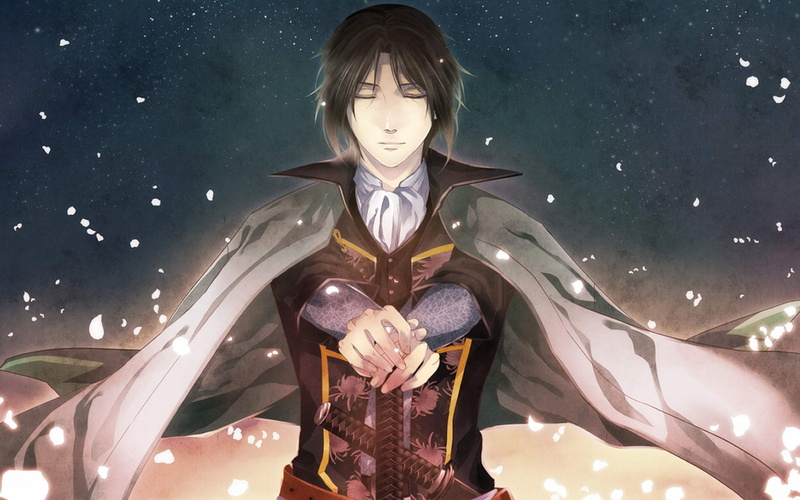 man, swords, blue, star, blood, characters, cherry, night, magic, 720P, samurai, series, record, pale, katana, demons, petals, wind