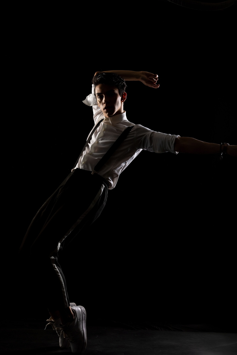 black-and-white, stage, arms raised, full length, performance, contemporary dancer, agility, young men, position, black background, wear, area, male, clothing