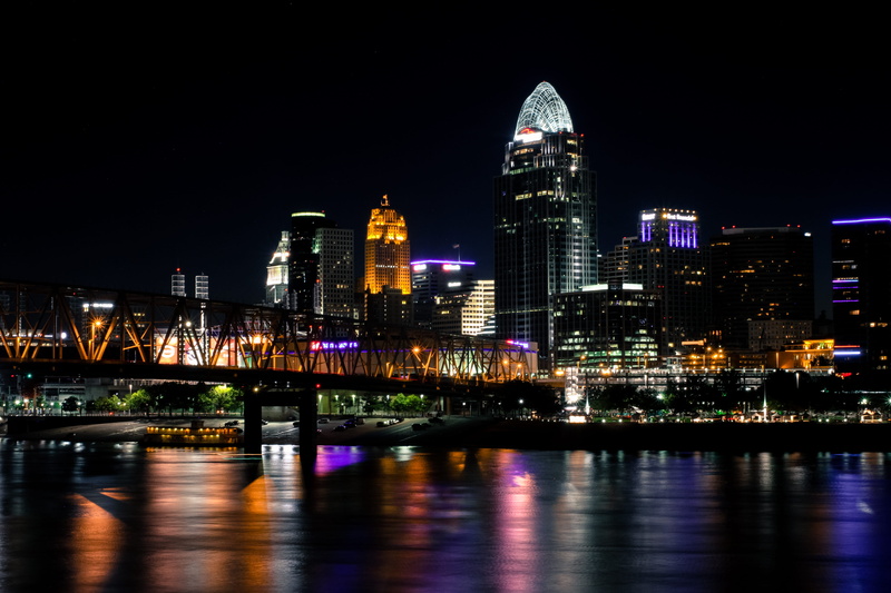 cityscape, office building exterior, waterfront, skyscraper, sky, great american, night life, outdoors, us bank, building exterior, river, night, bank