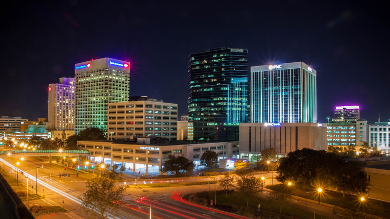 2K, outdoors, cityscape, road, motion, modern, norfolk, downtown, built structure, 757, skyscraper, virginia, no people, night time, urban, transportation