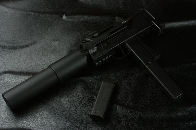 machine gun, communication, MAC-11, protection, ammunition, no people, warning sign, indoors, black, security, violence, muffler, safety, still life, weapon