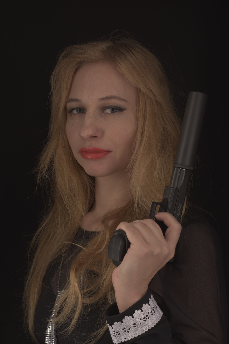 long hair, the movie, assassin, revenge, beauty, actress, looking at camera, blond hair, a pistol with a silencer, holding, tv, hollywood, hair, young adult