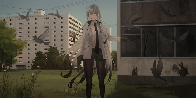 birds, gun, animals, shirt, Chihuri 45, pistol, outdoors, 1080P, gloves, silver hair, smoking, anime, cigarettes, standing, environment, trees, original characters