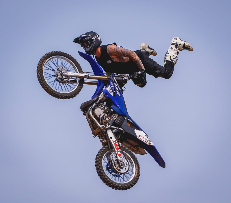 photographer, biker, motorcycle, rider, person, motion, dirt, soaring, blue, air, mid-air, mode of transportation, riding, extreme sports, 1080P, outdoors