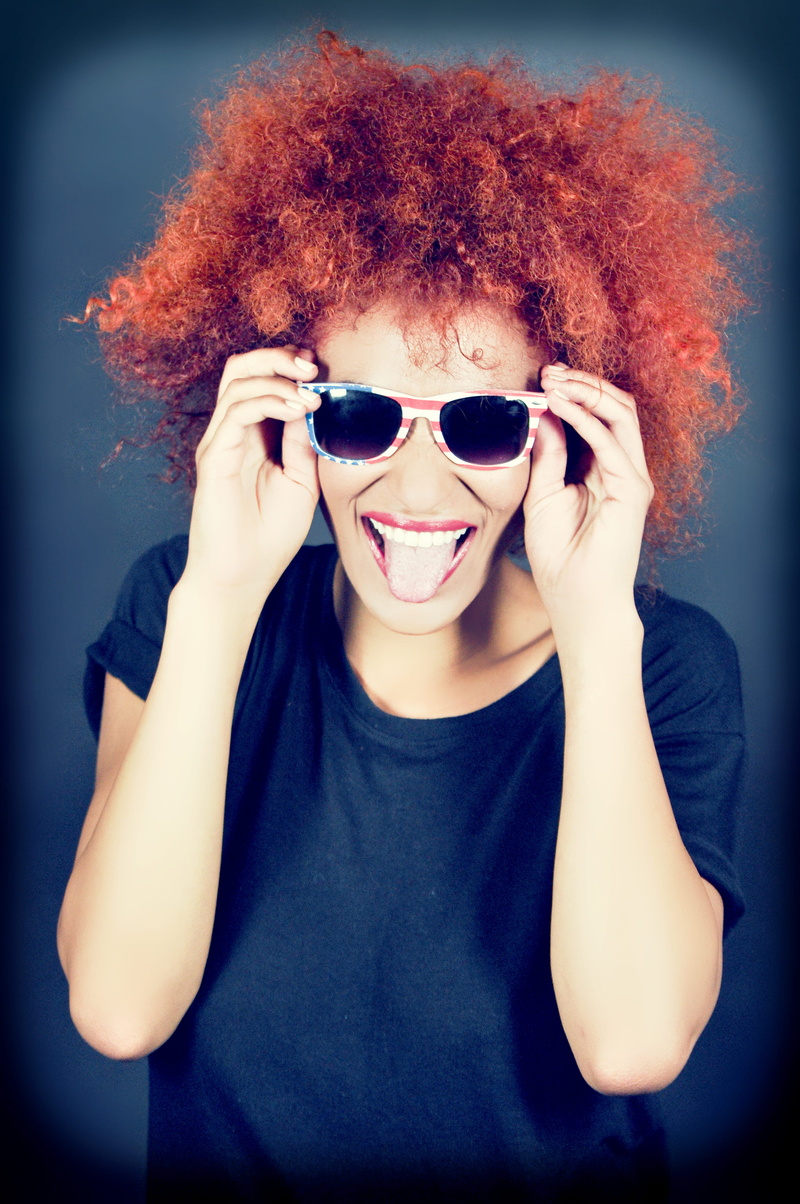 redhead, fashion, human, female, sunglasses, hair, dyed red hair, nikon d90, happiness, black, young adult, emiliano vittoriosi, curly hair, shirt, smiling