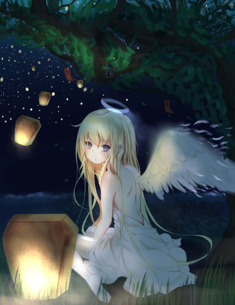 fan art, white skin, blonde, Gabriel Dropout, 720P, anime girls, night, angel, anime, Gabriel White Tenma, white dress