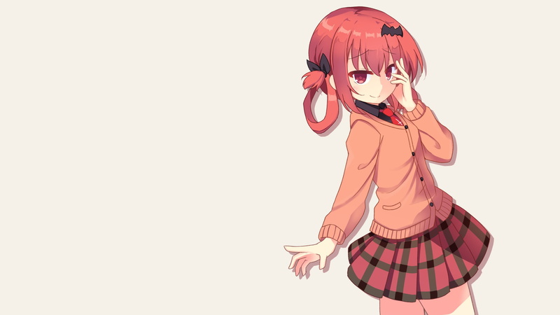 three quarter length, clothing, red, anime, young adult, indoors, beauty, simple background, redhead, lifestyles, women, hairstyle, Satanichia McDowell Kurumizawa