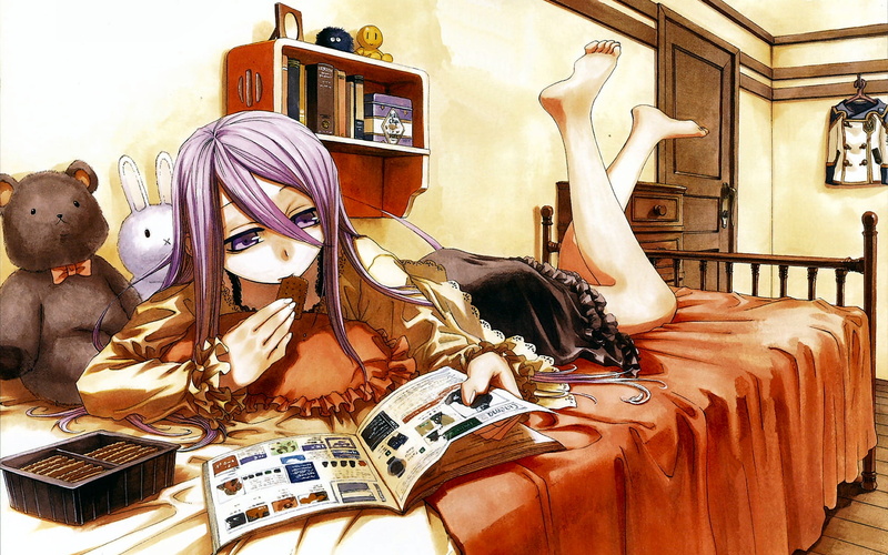 shelled, bed, chrome, felli, regios, miyuu, hair, barefoot, purple, eyes, 1080P, long, food, loss