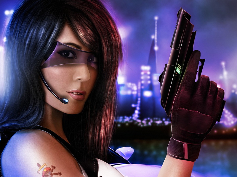 fashion, 1080P, beautiful people, purple, headshot, glasses, gun, art, human face, fictional, haired, women, hair, female, weapons, holding, beautiful woman