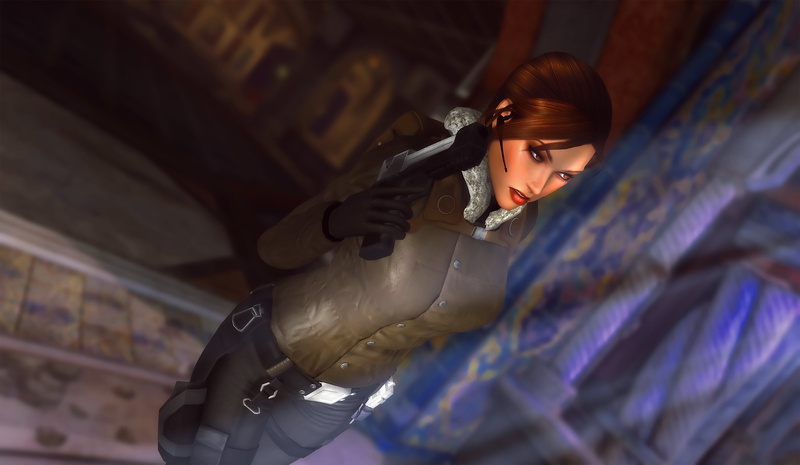 pistol, one person, focus on foreground, portrait, make-up, art and craft, beautiful woman, holding, hairstyle, tomb raider, adult, fashion, girl, gloves
