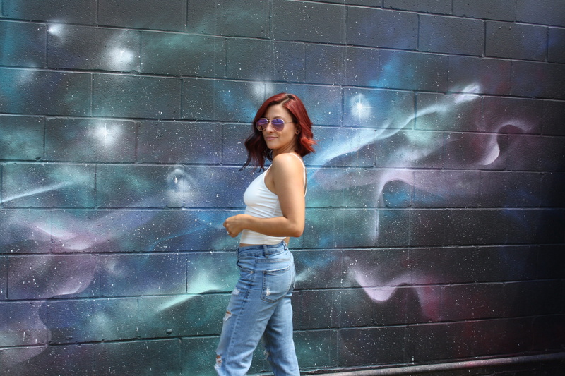 looking, hair, galaxy, art, real people, one person, canada, red hair, young women, glasses, beautiful woman, 4K, graffiti, standing, canadian girls, windsor