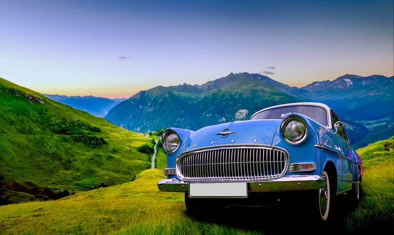antique car, scenics - nature, opel, beauty in nature, hills, mountain, old, car, transportation, technique, environment, style, landscape, plant, vehicle