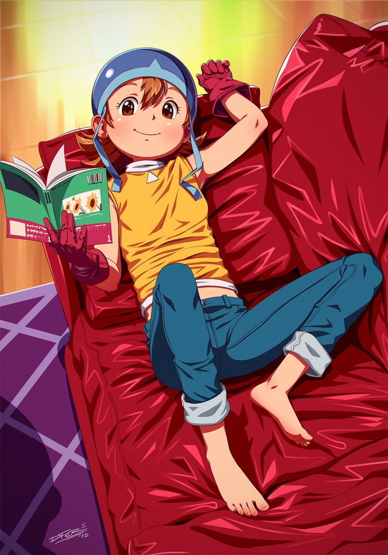 looking at camera, room, Takanashi Sora, fun, warm clothing, Digimon, anime, couch, emotion, 1080P, leisure activity, positive emotion, women, clothing