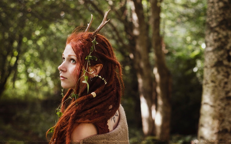 plant, portrait, piercing, adult, beauty, dreadlocks, dyed red hair, young women, headshot, beautiful woman, blue eyes, young adult, horns, woodland, nature