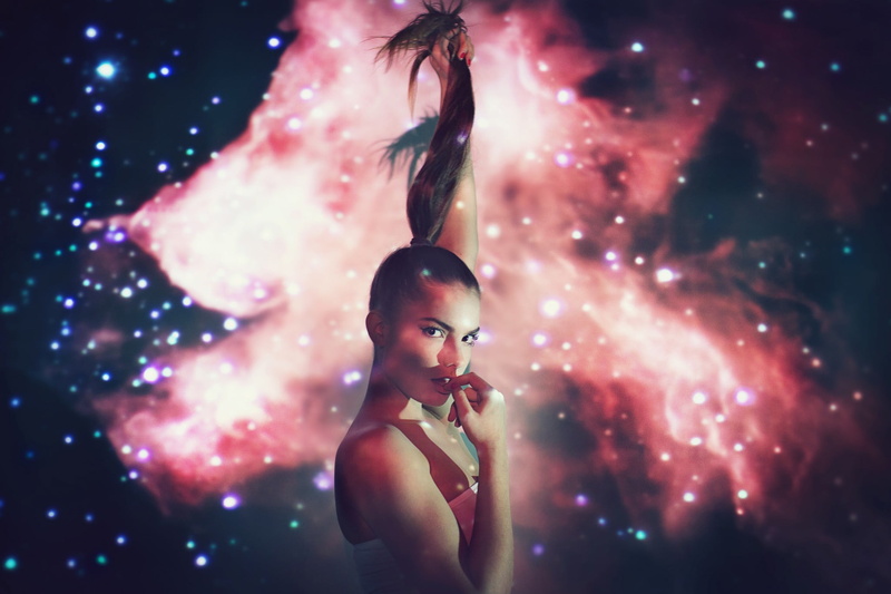 women, bare shoulders, space, ponytail, hands in hair, finger on lips, brunette, 1080P, looking at viewer