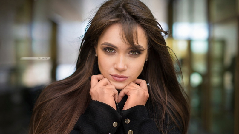 smiling, looking at viewer, women, Dmitry Belyaev, brunette, 1080P, black coat, portrait, coats, depth of field, face
