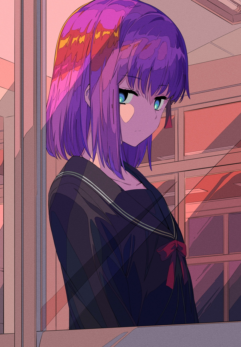 anime, school uniform, shoulder length hair, 2D, JK, fate/stay night: heavens feel, 2K, looking out window, fan art, Fate Series, solo, artwork, blue eyes