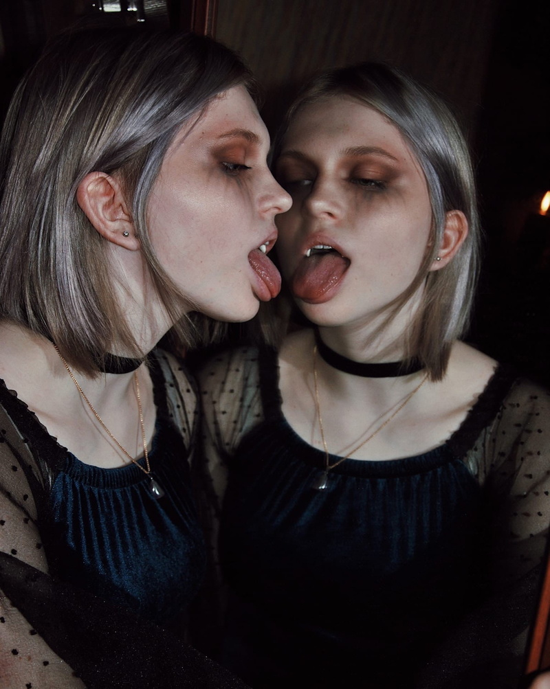 young woman, looking below, choker, women indoors, mascara, open mouth, tongue out, earring, black clothing, eyeshadow, mirror, women, 1080P, natural light