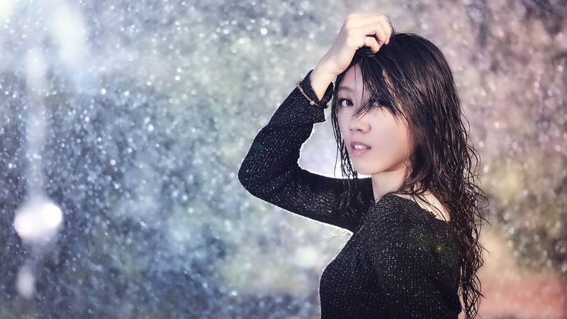 beautiful woman, brunette, portrait, standing, hairstyle, wet hair, rain, nature, Asian, young adult, outdoors, snowing, winter, cold temperature, extreme weather