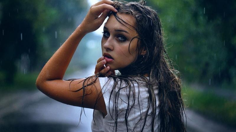 women outdoors, rain, wet hair, looking at viewer, wet, long hair, finger on lips, open mouth, 1080P, women, looking back, trees, blue eyes, water drops