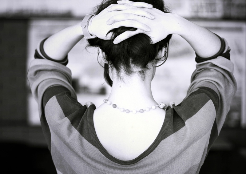 sweater, monochrome, necklace, back, women, hands on head, 1080P