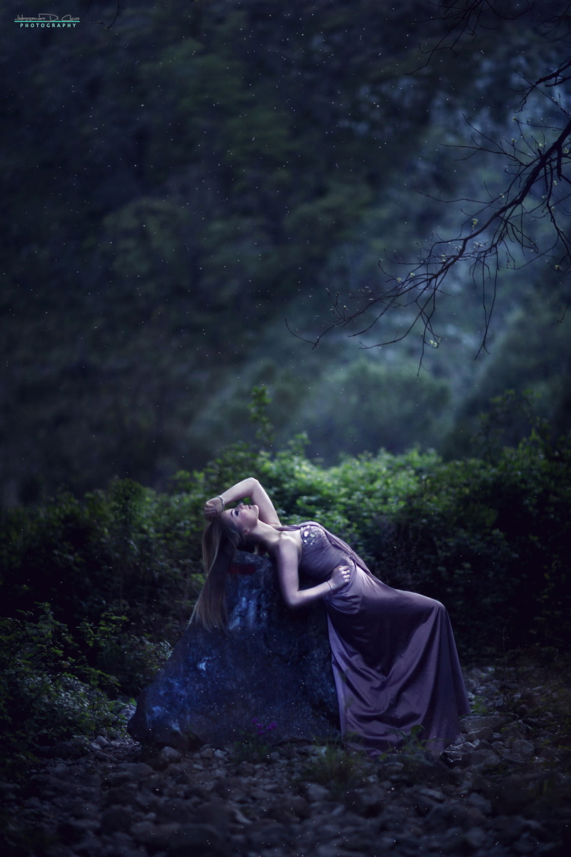 night, brunette, arched back, long hair, moonlight, 1080P, forest, dress, green, rocks, hand on head, purple clothing, straight hair, Alessandro Di Cicco