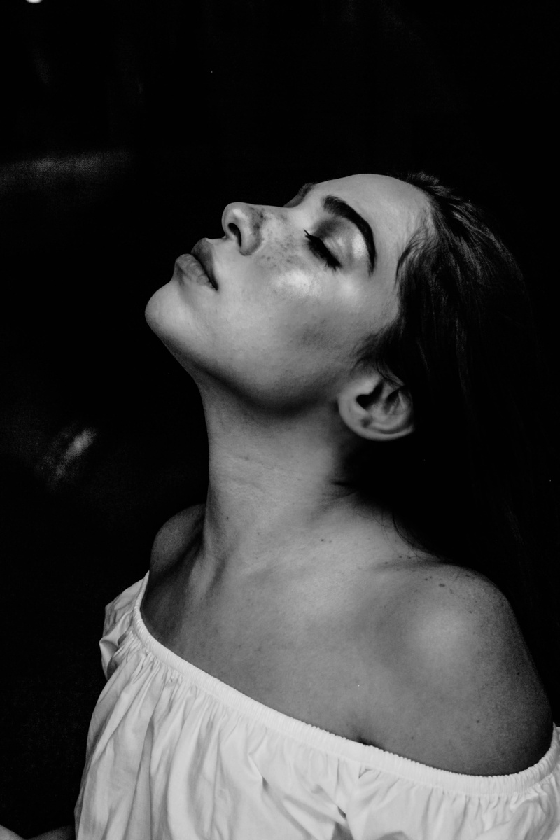 looking, grayscale, freckle, woman, indoors, hairstyle, mid adult, eyes closed, young adult, female, adult, profile, head back, dress, photography, shirt