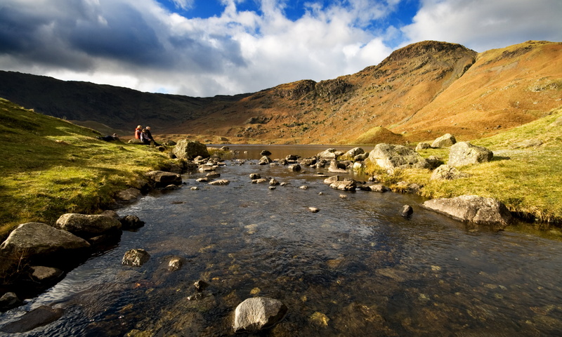 lake, outdoors, mountains, mountain, sky, Grasmere, sitting, near, 4K, stream, beck, water, sun  light, clouds, UK, people, hills, rock - Object, Easedale Tarn
