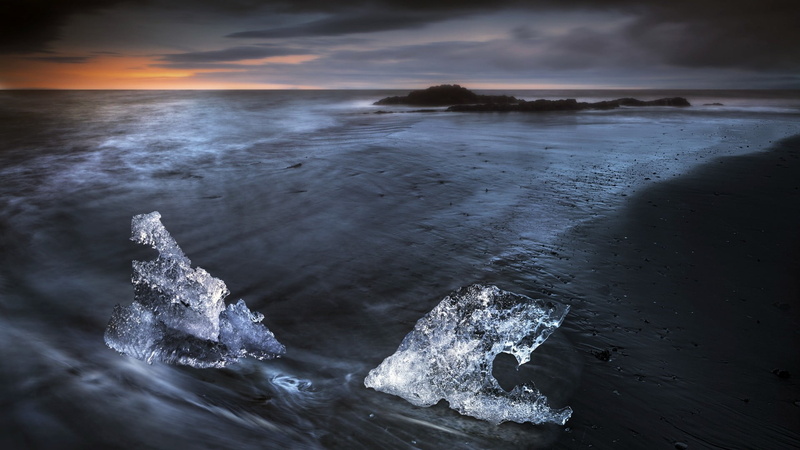 long exposure, beauty in nature, Iceland, sunset, beach, motion, scenics - nature, aquatic sport, waves, coast, clouds, outdoors, water, rock, nature, ice