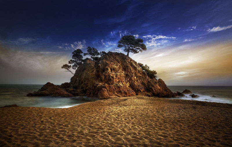 sea, 720P, brown, water, sand, trees, stack rock, landscape, rock formation, horizon over water, nature, rocks, sunset, clouds, land, no people, white