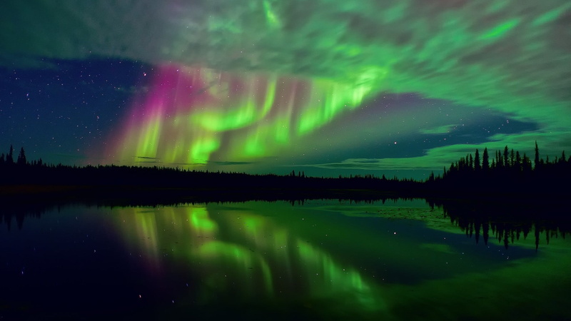 landscape, water, space, dramatic sky, lake, tranquil scene, borealis, beauty in nature, green color, star - space, tranquility, cloud - sky, scenics - nature