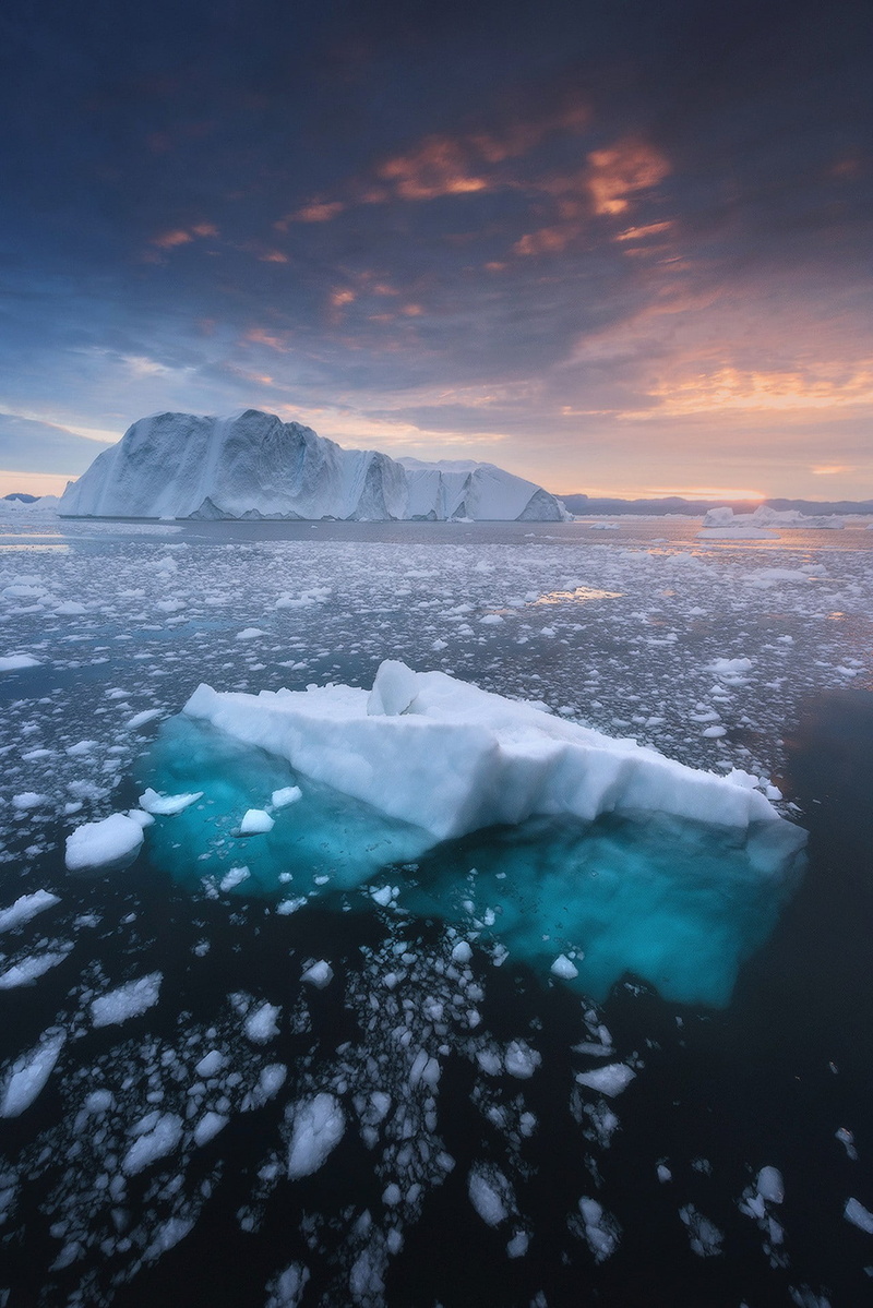 sunset, landscape, sky, iceberg, ice, cold temperature, winter, scenics - nature, cloud - sky, tranquility, sea, water, glacier, frozen, snow, environment